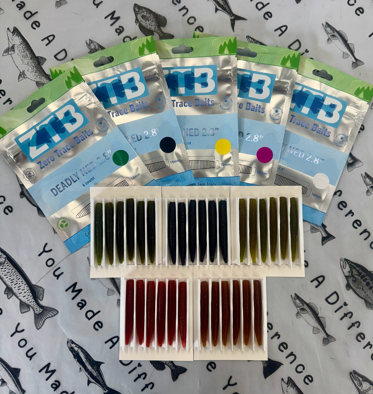 An alternate photo displaying all 5 of Zero Trace Baits' biodegradable deadly neds